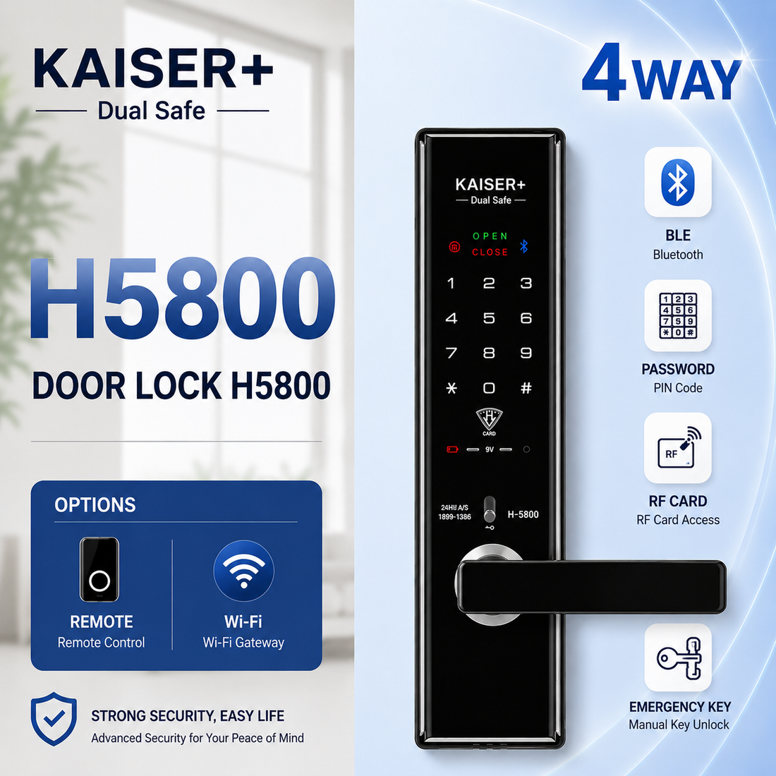 KAISER+ H5800D Two-Way Safety & Security Smart Door Lock | PIN, Card, Fingerprint & Emergency Key Copy