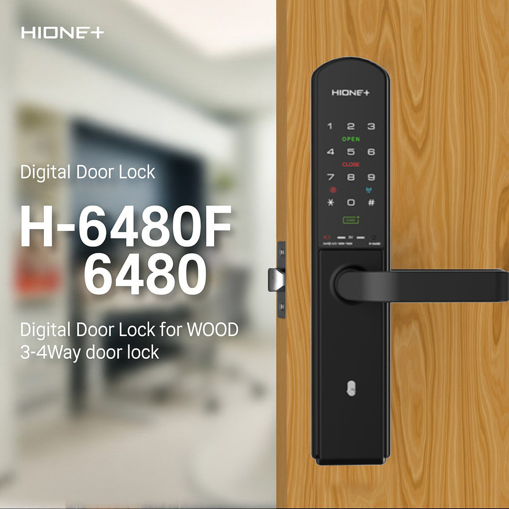 [Room Door Lock] HIONE PLUS H6480 / H6480F | Wooden & Room Door | PIN, Card, Fingerprint, Emergency Key | Optional Remote, IoT, BLE, WiFi, Bluetooth | No-Drill Smart Door Lock