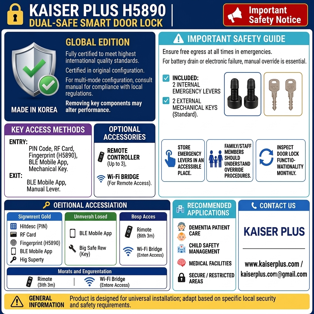[Handle Lock][KAISER+]H5890 Smart Digital Door Lock | 4-Way / 5-Way Dual Safe | BLE | Optional Remote Wi-Fi | Made in Korea (Compatible with Samsung Systems)