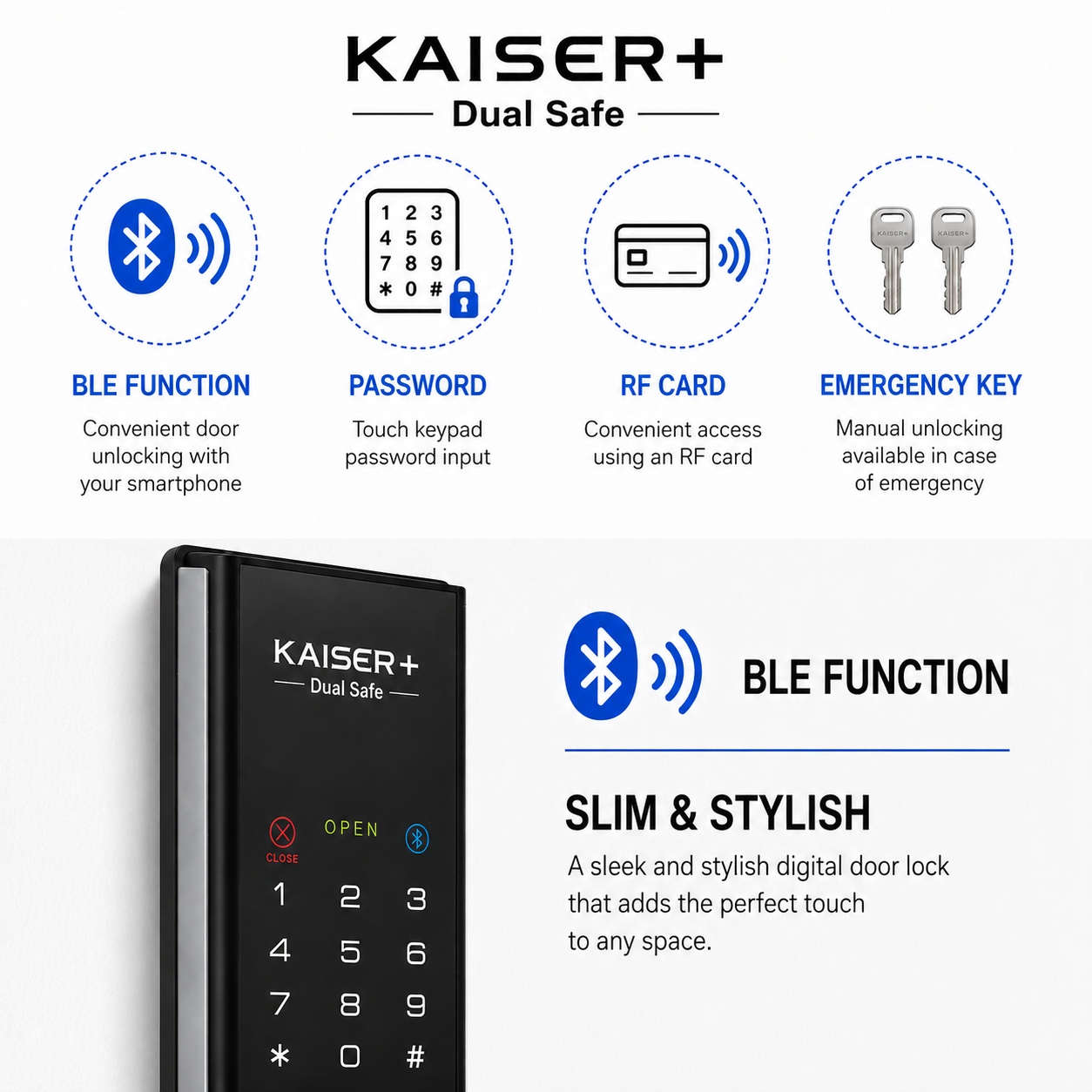 [Handle Lock][KAISER+]H5800 Smart Digital Door Lock | 3-Way / 4-Way Dual Safe | BLE | Optional Remote Wi-Fi | Made in Korea (Compatible with Samsung Systems)