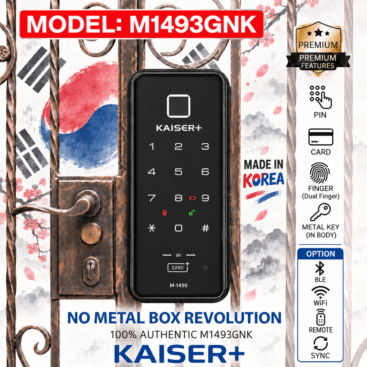 [Dual Safe] KAISER+ M1493GNK Dual Safe Two-Way Metal Gate Digital Door Lock | HDB Grill Gate | Fingerprint | Remote | WiFi | Elderly Care | Child Safety | Security Facility