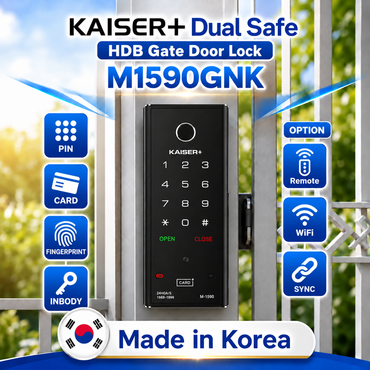 [Dual Safe] [KAISER+] M1590GNK Two-Way Metal Gate Digital Door Lock | HDB Grill Gate | Fingerprint | Remote |Optional Remote WiFi Box | Elderly Care | Child Safety | Security Facility