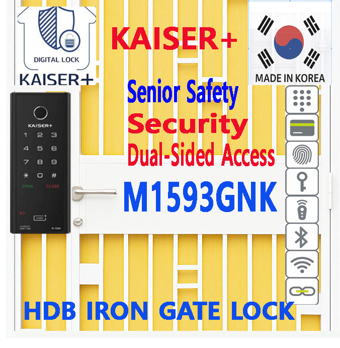 [Dual Safe] KAISER+ M1593GNK Dual Safe Two-Way Metal Gate Digital Door Lock | HDB Grill Gate | Fingerprint | Remote | WiFi | Elderly Care | Child Safety | Security Facility