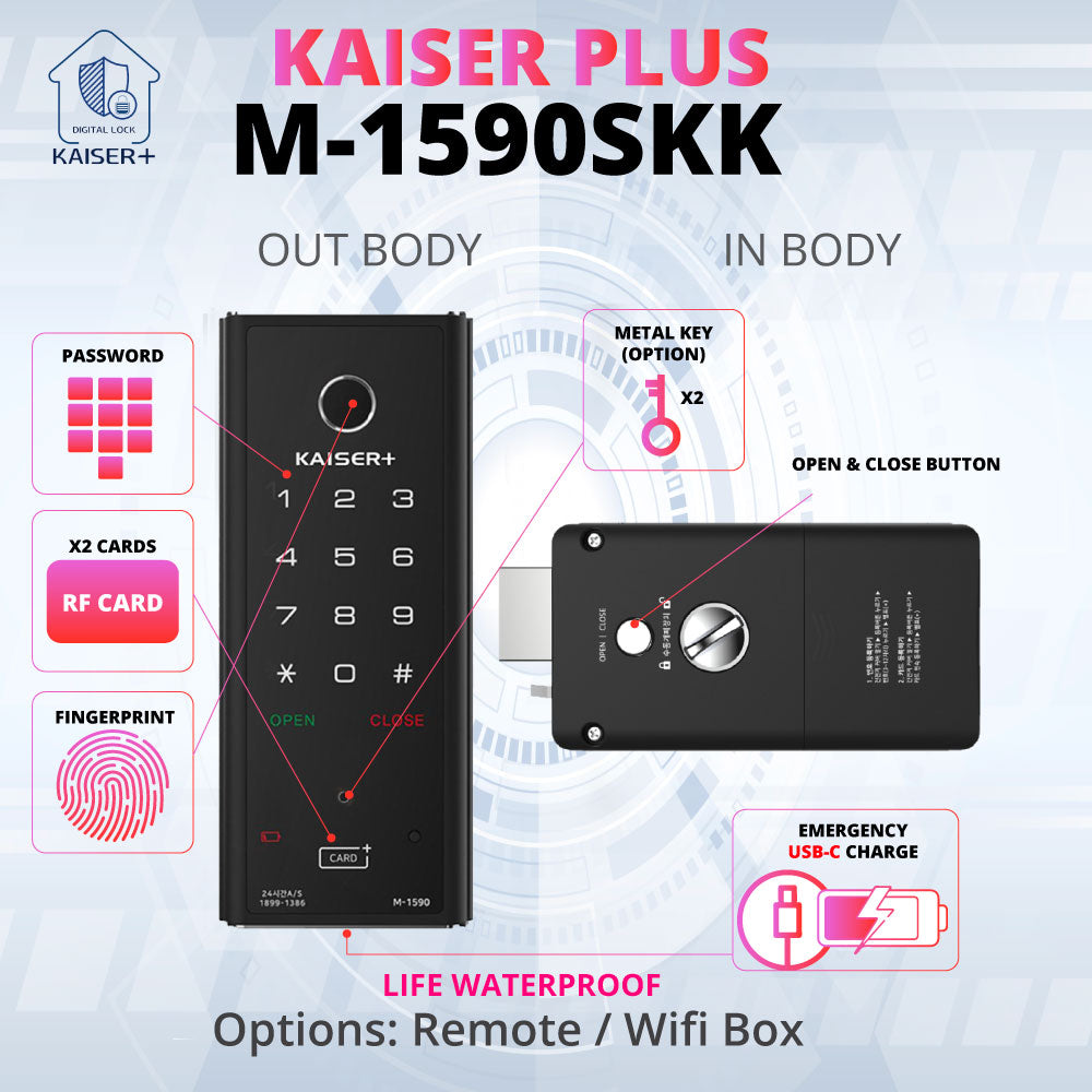 [Horizontal Rim Lock] M1590SNK  Digital Smart Rim Lock with PIN, RFID Card, Fingerprint |Optional Metal Key Remote Control & IoT (BLE + WiFi) | Main Door Swing Door| Made in Korea