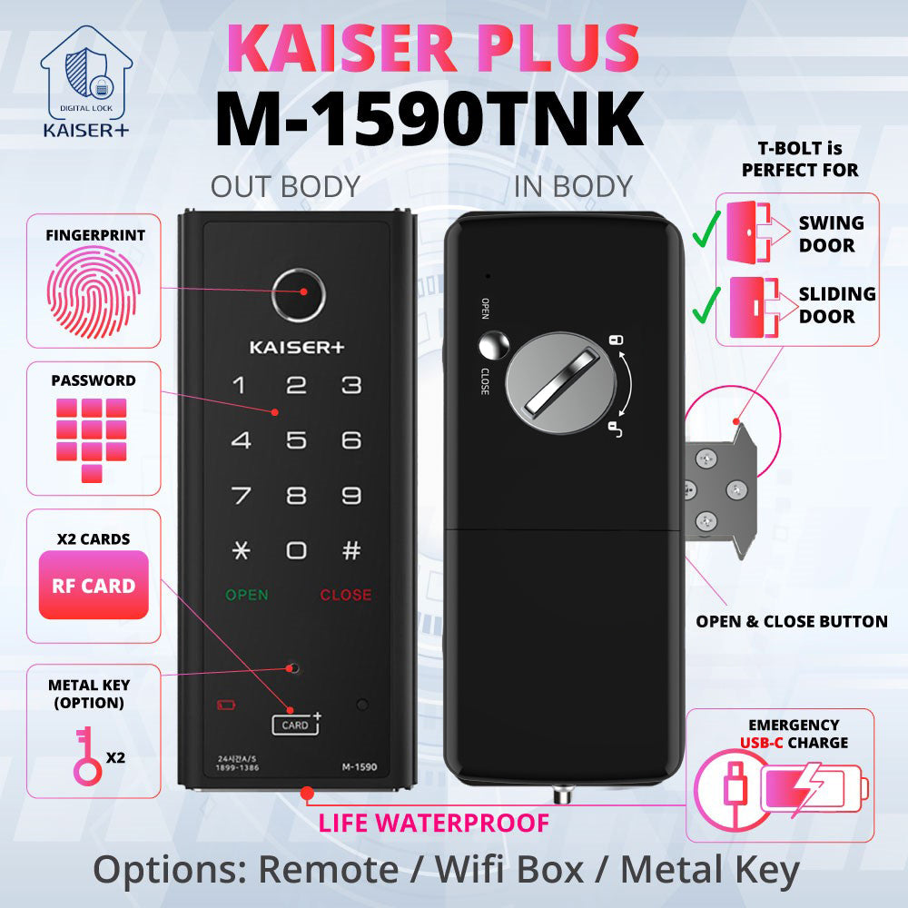 [Vertical Sliding Lock] M1590TKK 4Way Digital Smart Rim Lock with PIN, RFID Card, Fingerprint Metal Key |Optional Metal Key Remote Control & IoT (BLE + WiFi) | Main Door Swing Door| Made in Korea