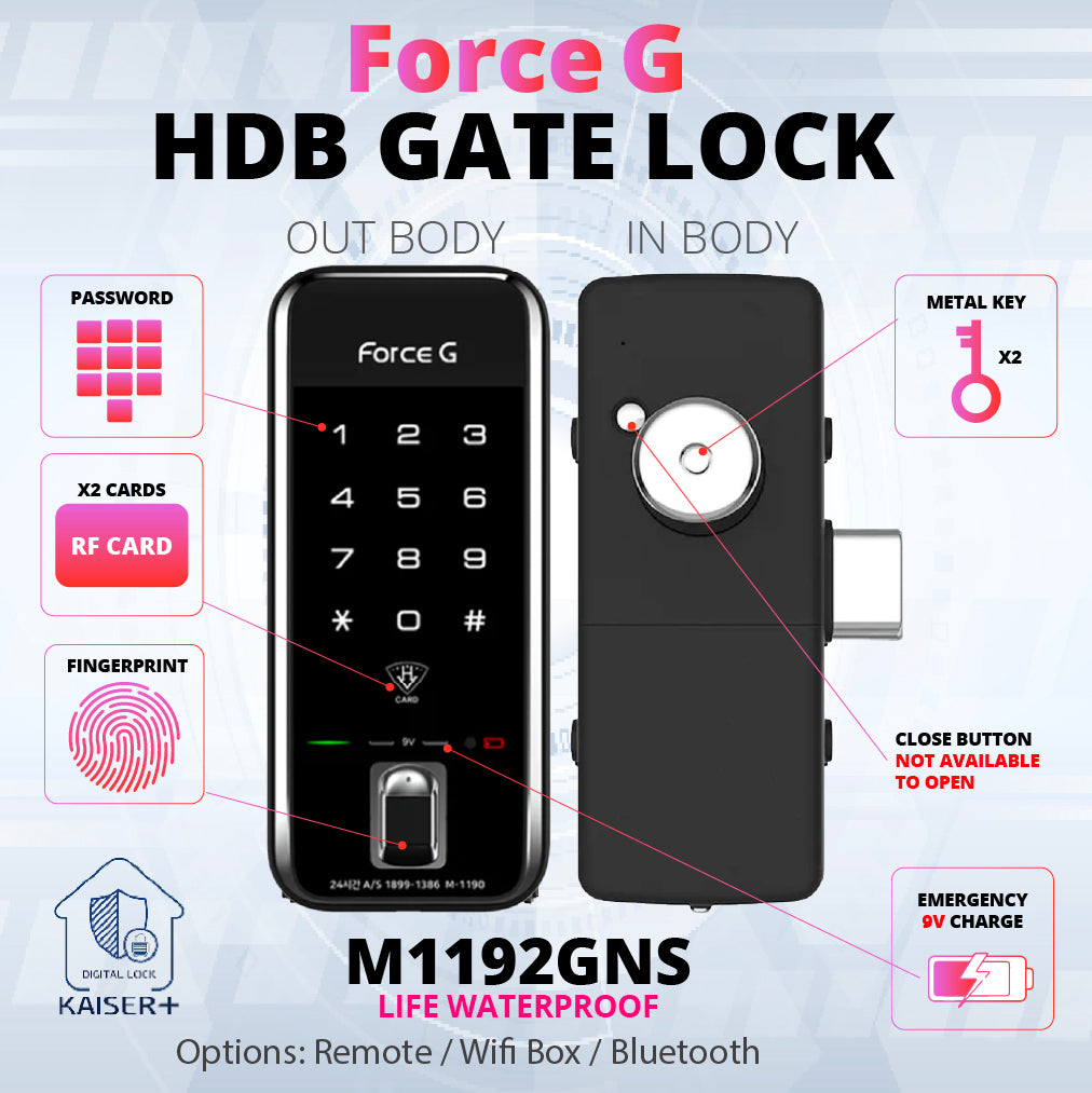 [Dual Safe] [KAISER+] M1192GNK Two-Way Metal Gate Digital Door Lock | HDB Grill Gate | Fingerprint | Remote |Optional Remote WiFi Box | Elderly Care | Child Safety | Security Facility