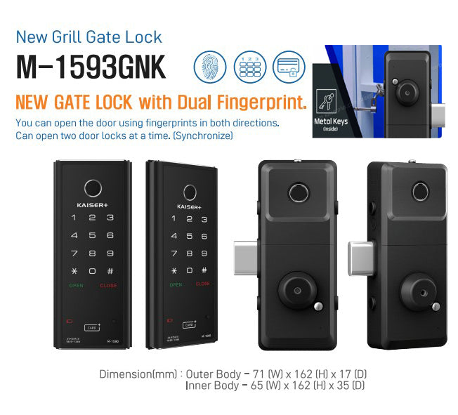 [Dual Safe] KAISER+ M1593GNK Dual Safe Two-Way Metal Gate Digital Door Lock | HDB Grill Gate | Fingerprint | Remote | WiFi | Elderly Care | Child Safety | Security Facility