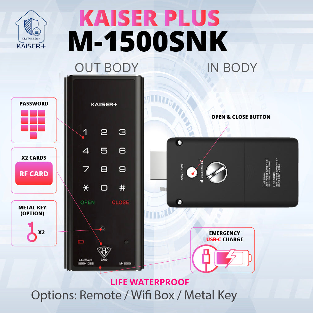 [Horizontal Rim Lock] M1500SNK  Digital Smart Rim Lock with PIN, RFID Card |Optional Metal Key Remote Control & IoT (BLE + WiFi) | Main Door Swing Door| Made in Korea