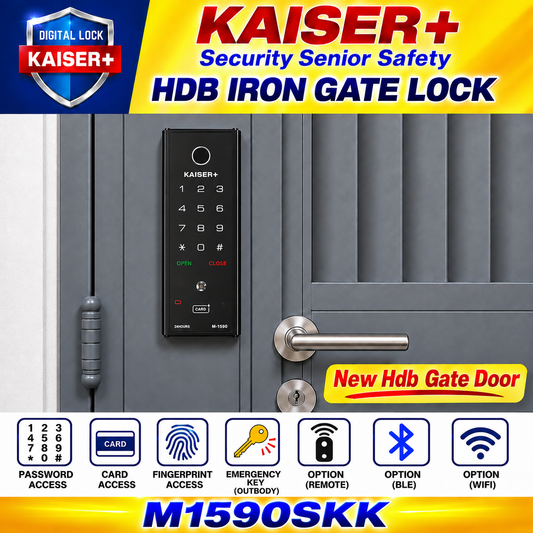 [Dual Safe] KAISER+ M1590SKK(D) Dual Safe Two-Way Digital Smart Rim Lock with PIN, RFID Card, Fingerprint Metal Keyl Optional Remote Control & IoT (BLE + WiFi) | Main Door Swing Door| Made in Korea