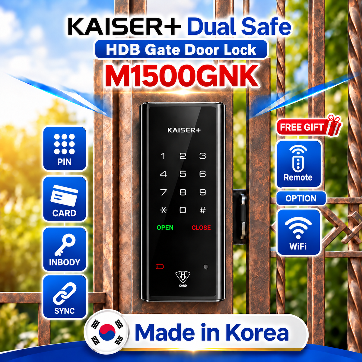 [Dual Safe] KAISER+ M1500GNK Dual Safe Two-Way Metal Gate Digital Door Lock | HDB Grill Gate | Fingerprint | Remote | WiFi | Elderly Care | Child Safety | Security Facility