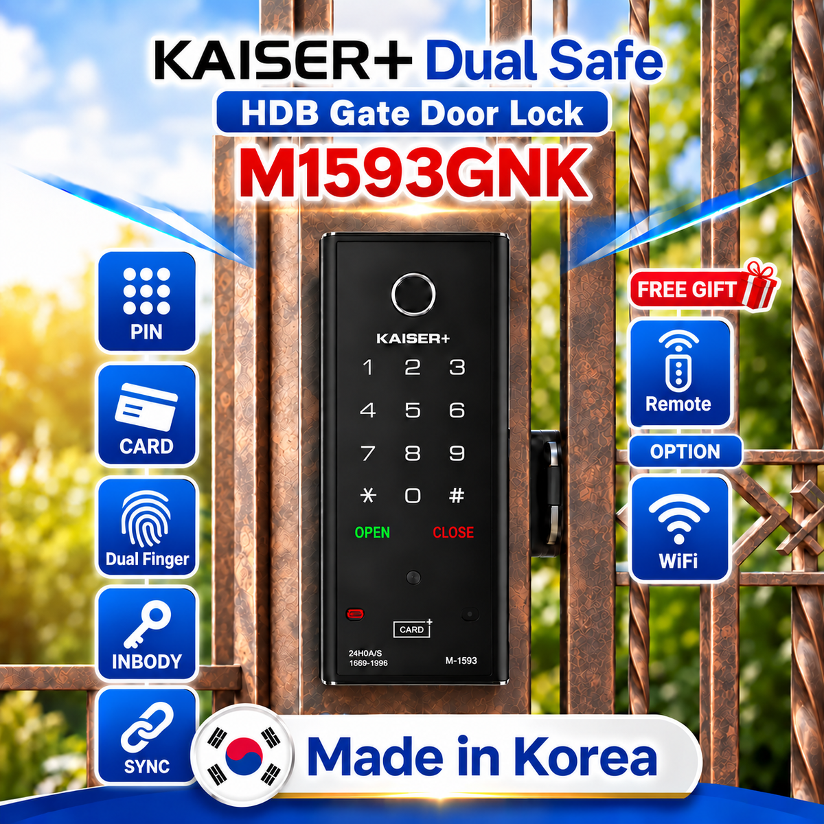 [Dual Safe] KAISER+ M1593GNK Dual Safe Two-Way Metal Gate Digital Door Lock | HDB Grill Gate | Fingerprint | Remote | WiFi | Elderly Care | Child Safety | Security Facility