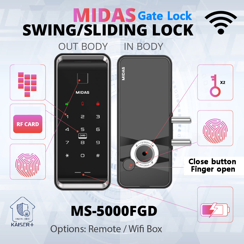 [HDB Gate Lock] MS5000FDG  Digital Smart Lock with PIN, RFID Card, Fingerprint | Optional Remote IoT (WiFi) | Dementia, Nursing Home, Prison Use | Made in Korea