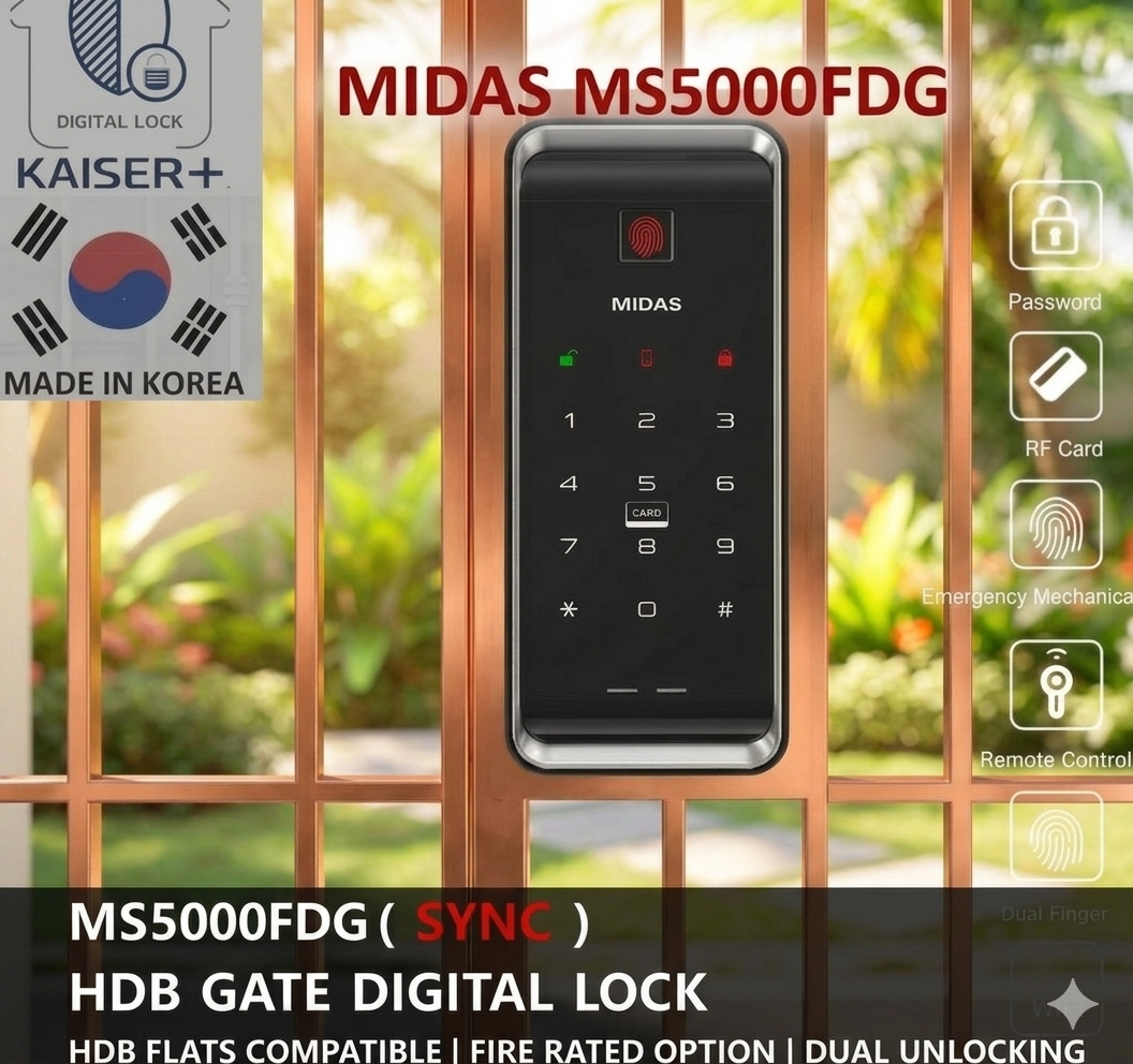 [Dual Safe] MIDAS MS5000FDG Dual Safe Two-Way Metal Gate Digital Door Lock | HDB Grill Gate | Fingerprint | Remote | WiFi | Elderly Care | Child Safety | Security Facility